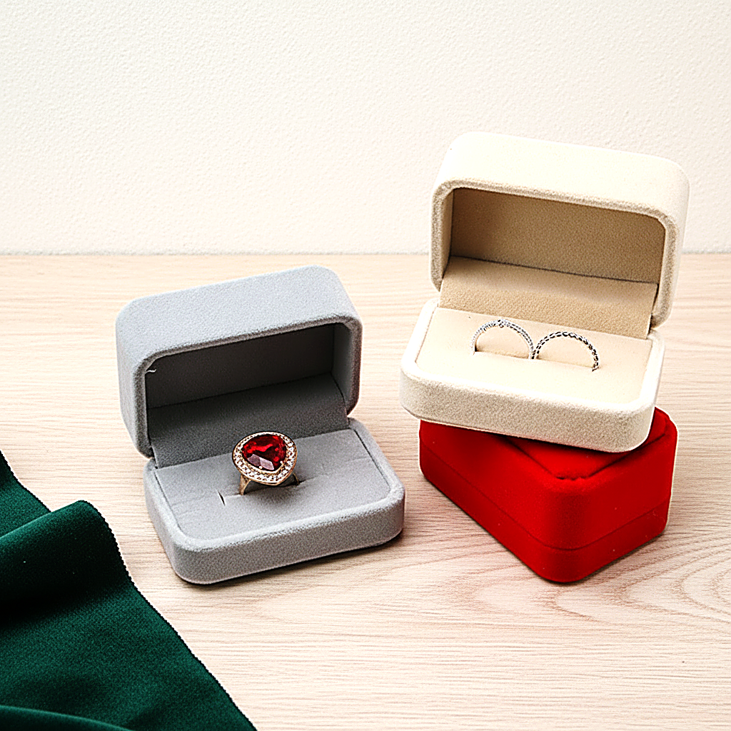 Coffret à bague en flanelle ouvert, doublure contrastée