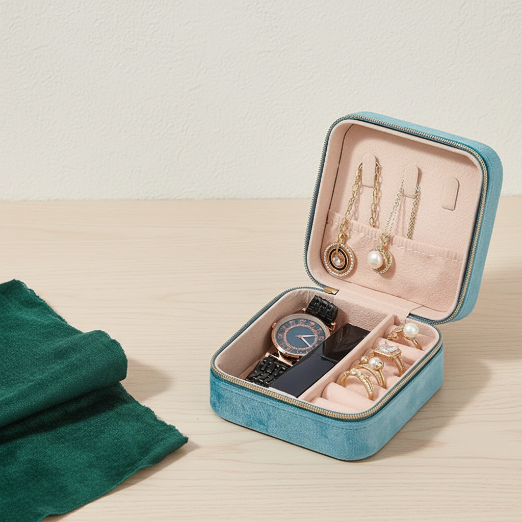 Boîte à bijoux de voyage en velours ouverte