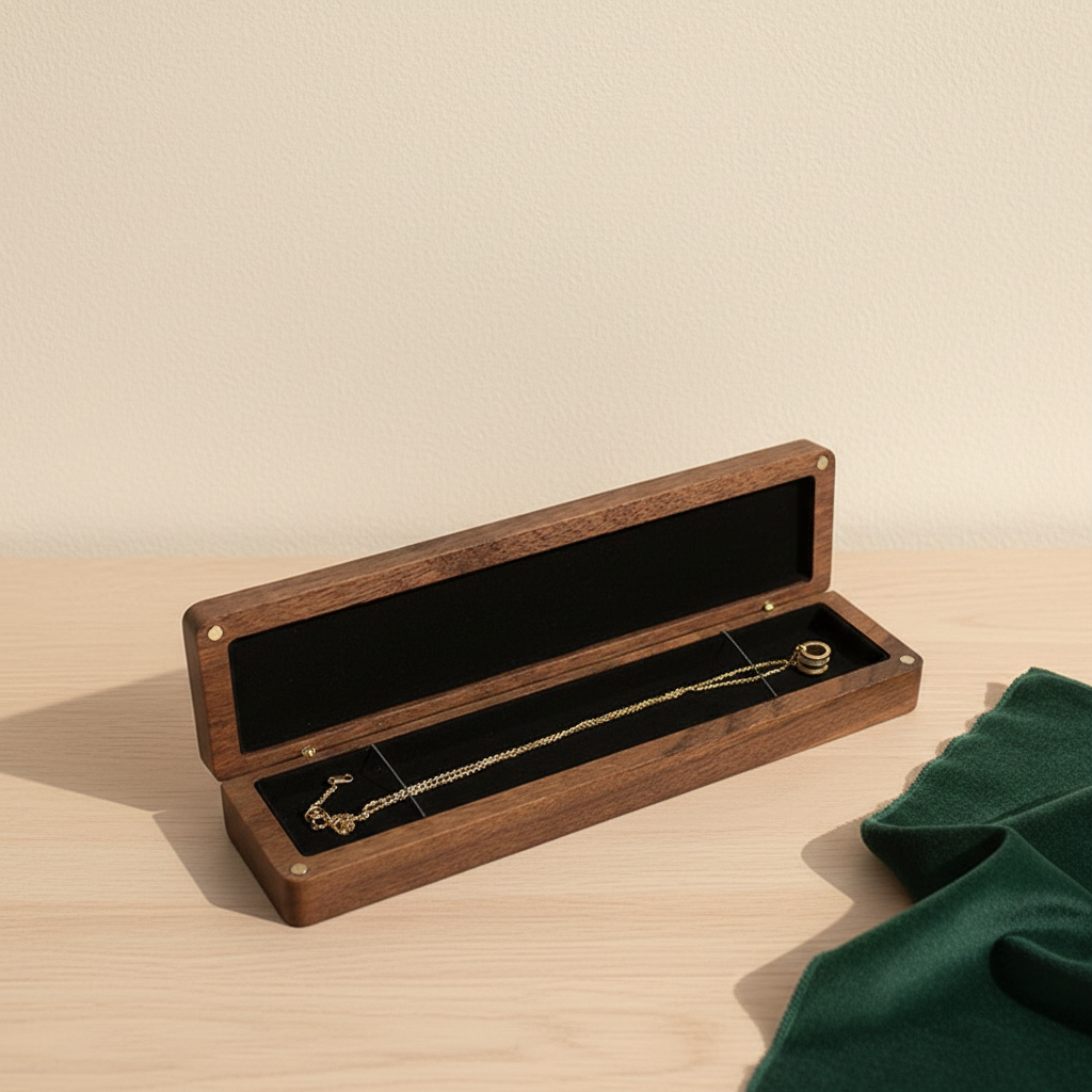 Écrin à collier en bois ouvert, doublure velours noir
