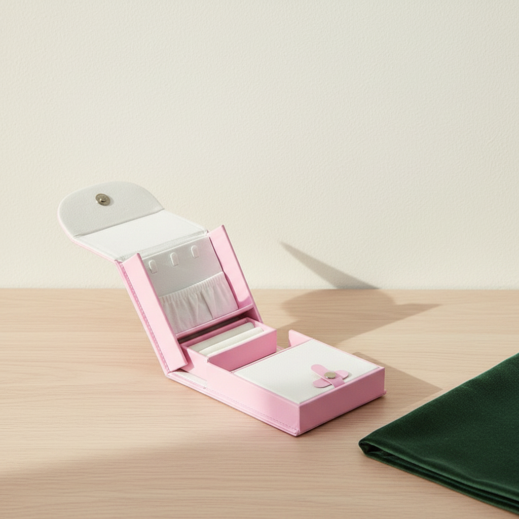 Boîte à bijoux de voyage pliable, dépliée en plateau