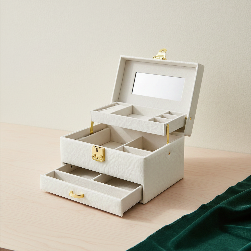 Coffret à bijoux laqué à poignée, fermé, fermoir fleur visible