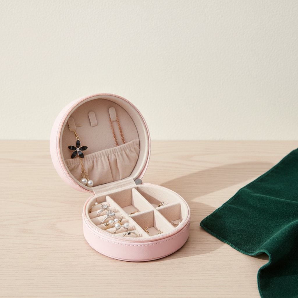 Petite boîte à bijoux ronde ouverte, crochets et fente à bagues