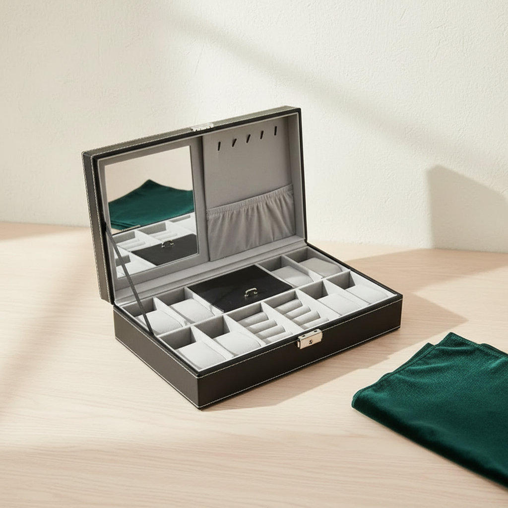 Coffret à bijoux et montres ouvert, coussins et casiers