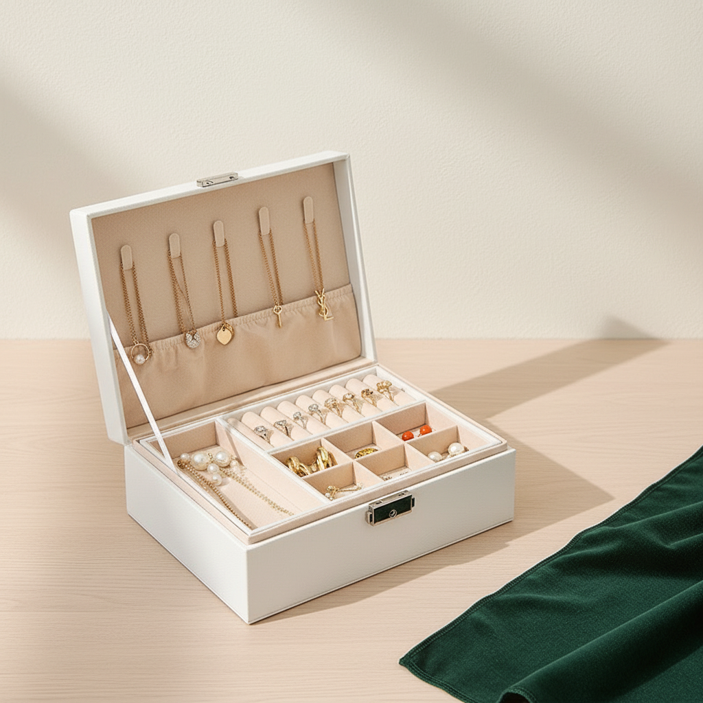Boîte à bijoux femme ouverte, plateau et porte-boucles