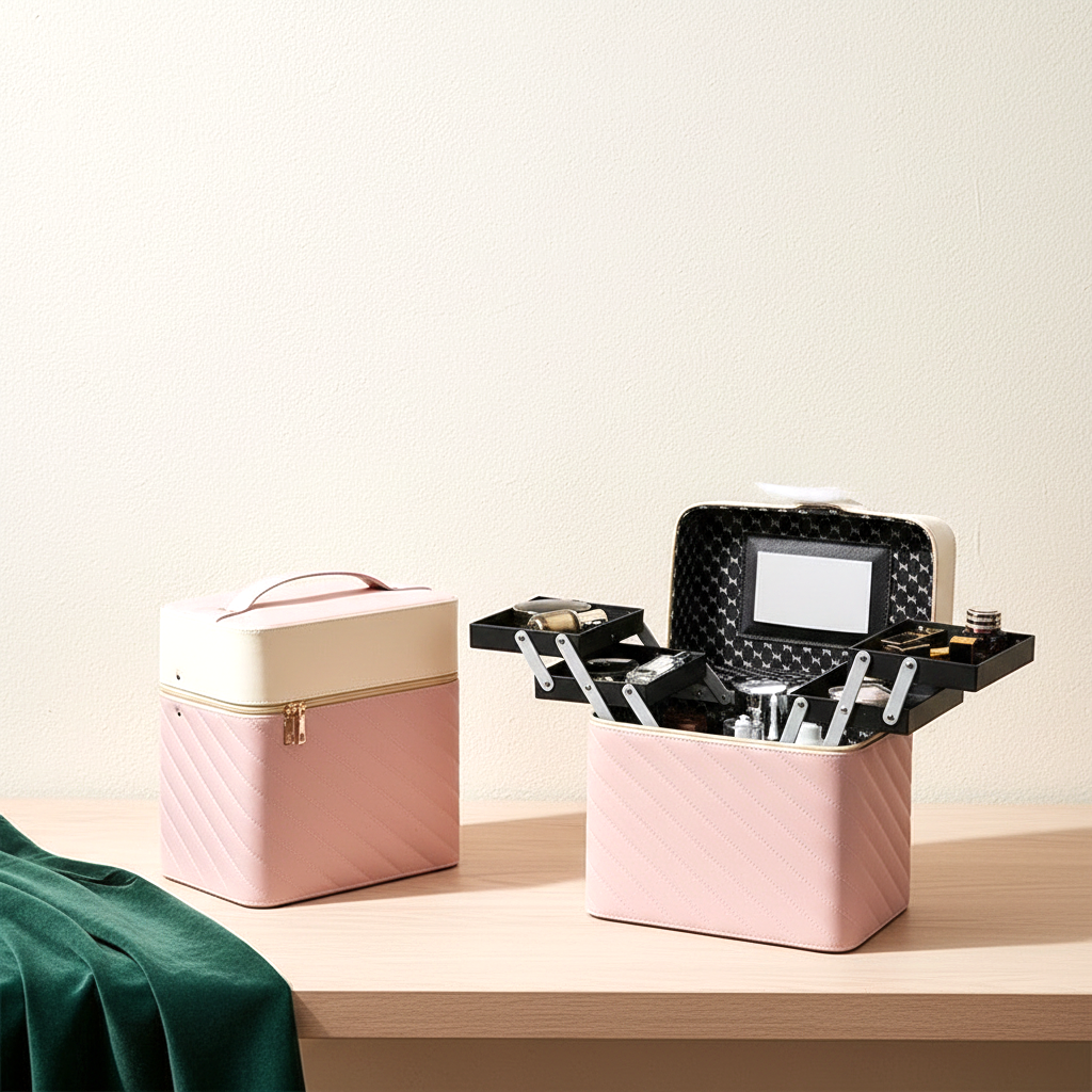 Coffret vanity ouvert, plateaux déployés en escalier