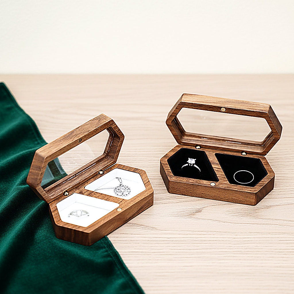 Écrin à bague en bois hexagonal, couvercle vitré fermé
