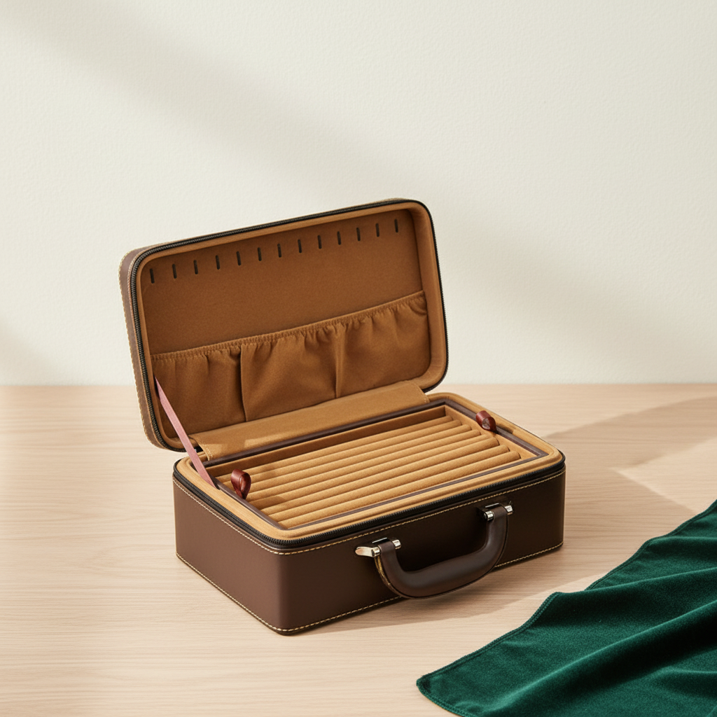 Coffret à bijoux de voyage ouvert, rouleaux à bagues
