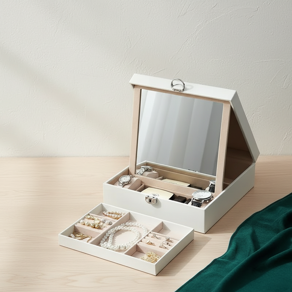 Coffret à bijoux à couvercle vitré fermé, vue de trois quarts