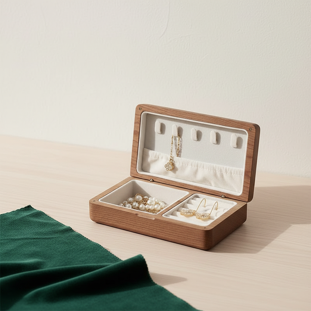 Boîte à bijoux en noyer massif ouverte, compartiments séparés