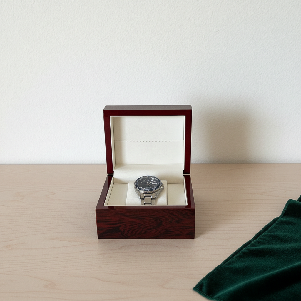 Coffret à montre laqué ouvert, coussin central