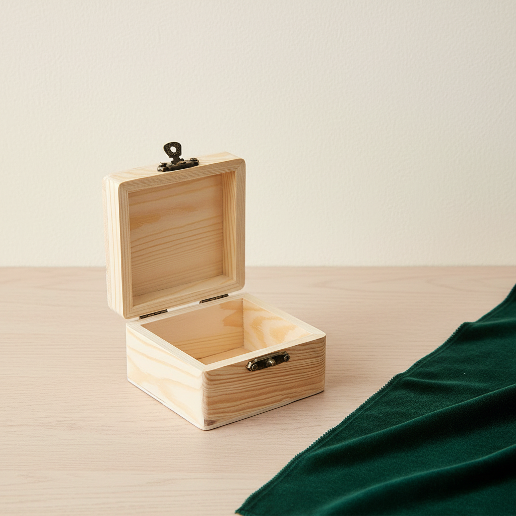 Boîte en bois brut ouverte, fond séparé en deux