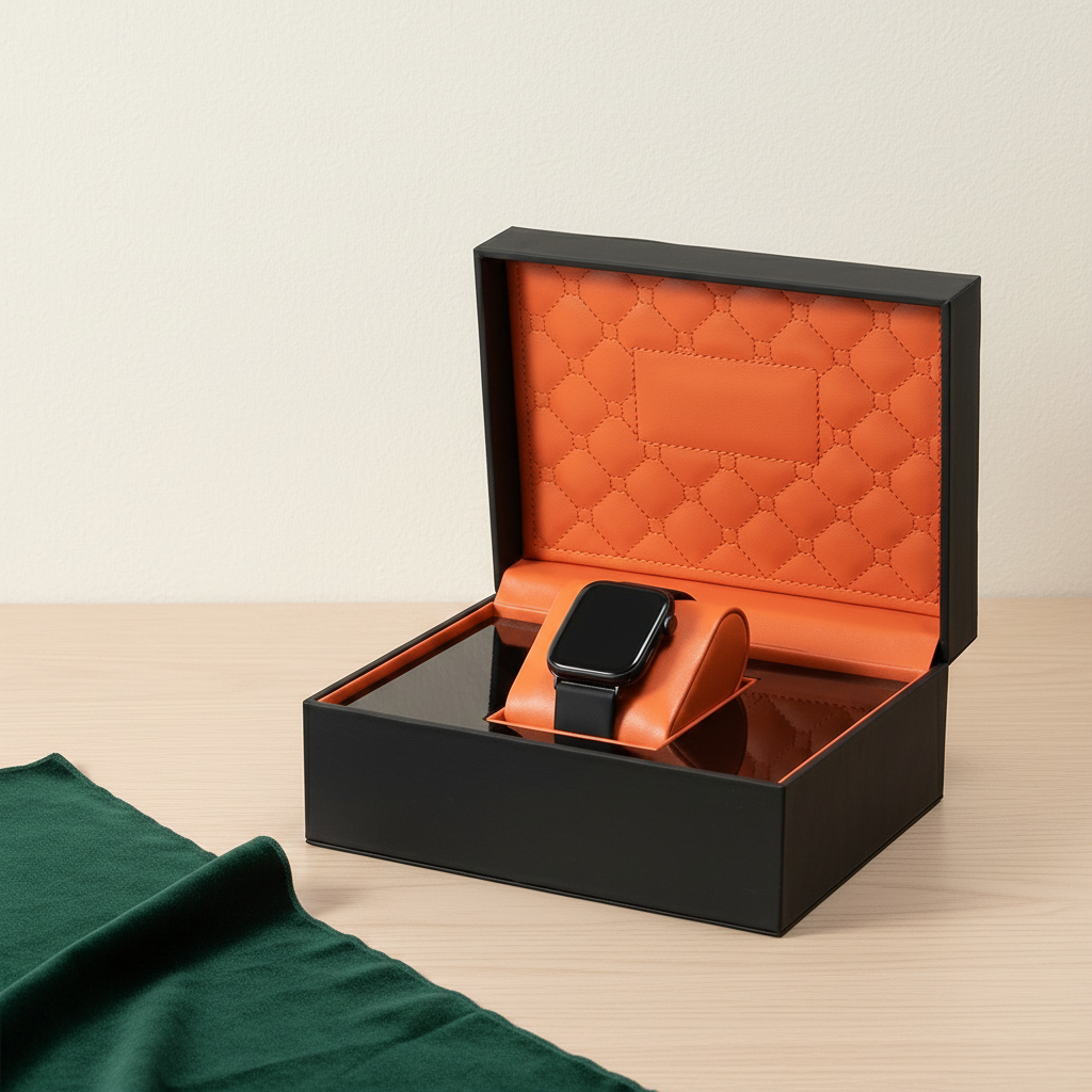 Coffret à montre une place ouvert, capitonnage orange