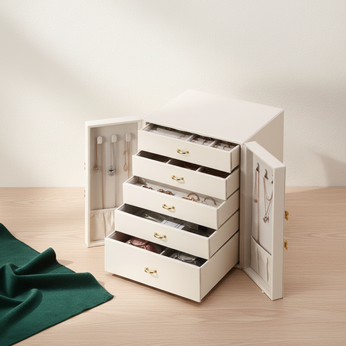Armoire à bijoux ouverte, tiroirs et crochets à colliers