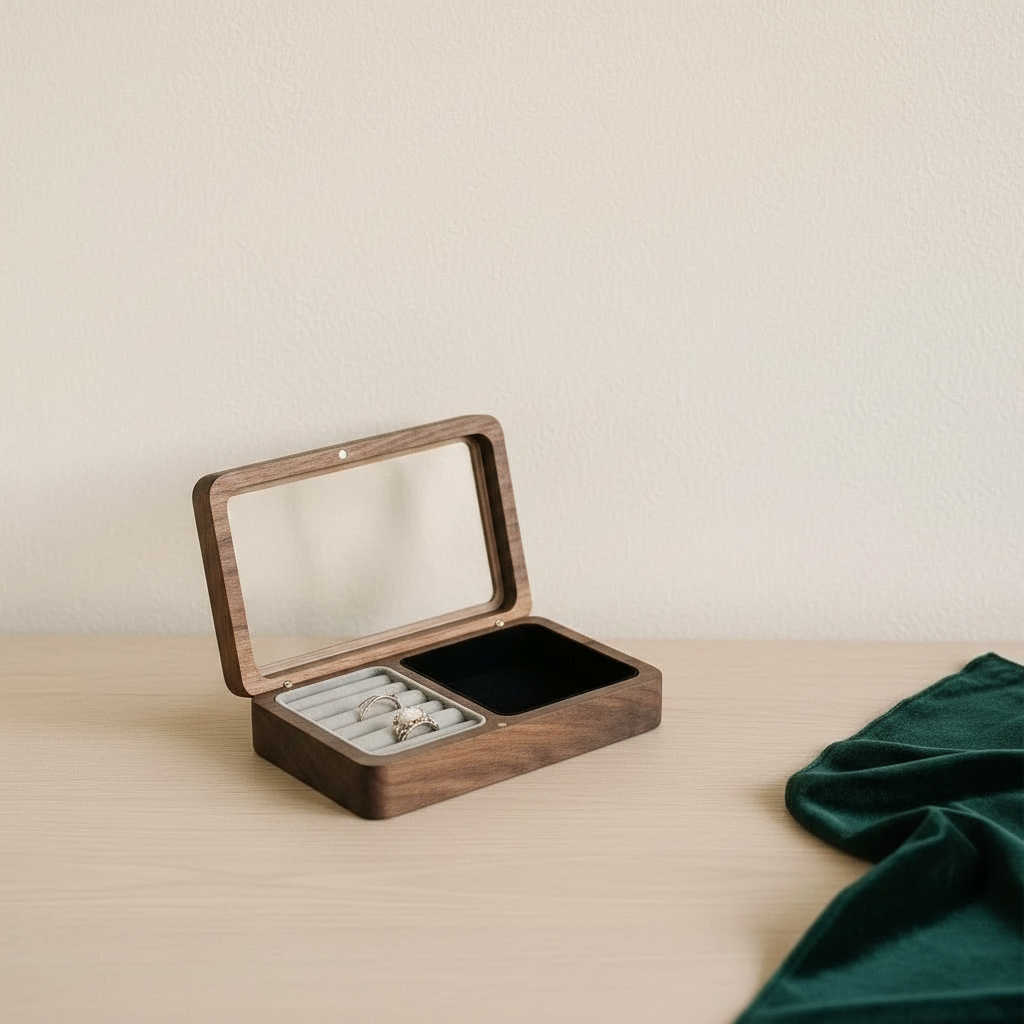 Boîte à bijoux en bois à couvercle vitré, compartiments visibles