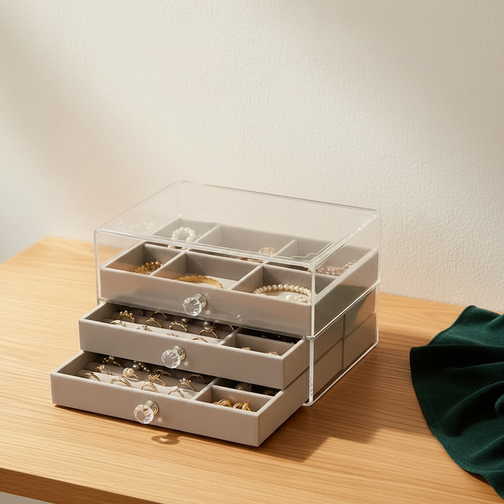 Boîte de rangement à bijoux empilable à trois niveaux, couvercle transparent fermé