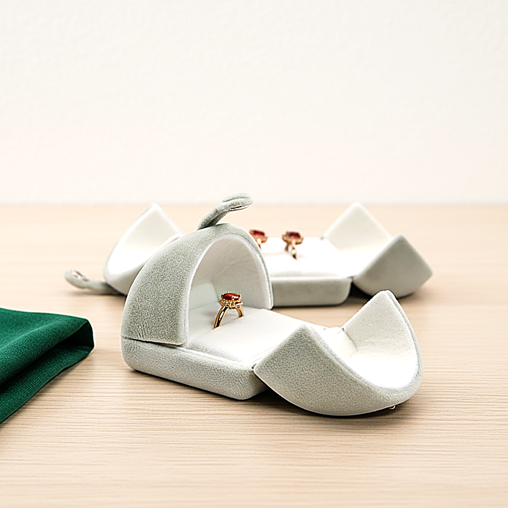 Coffret à bague ouvert en pétales, bague au centre