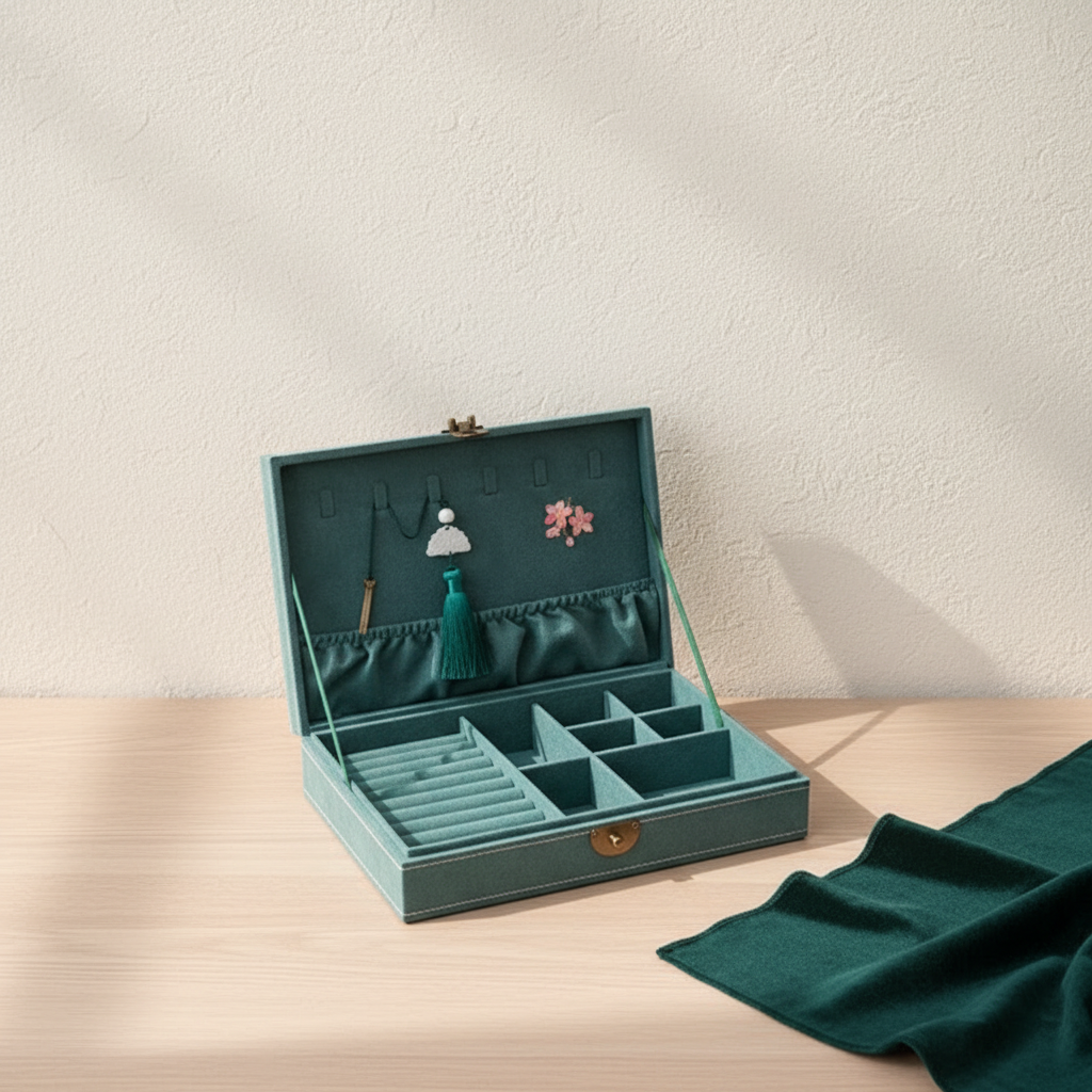 Boîte à bijoux en flanelle brodée ouverte, plateau à bagues