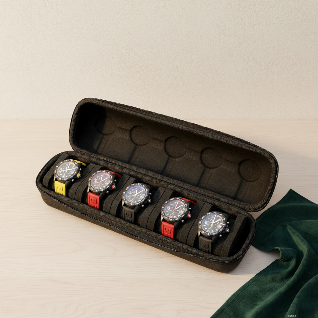 Étui à montres de voyage ouvert, cinq coussins