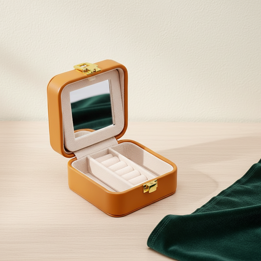 Boîte à bijoux compacte ouverte, porte-bagues et poche