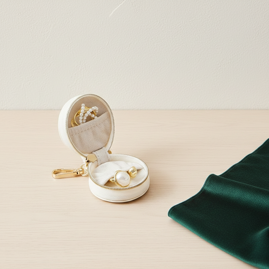 Petite boîte à bijoux de poche ouverte, barrette à bague