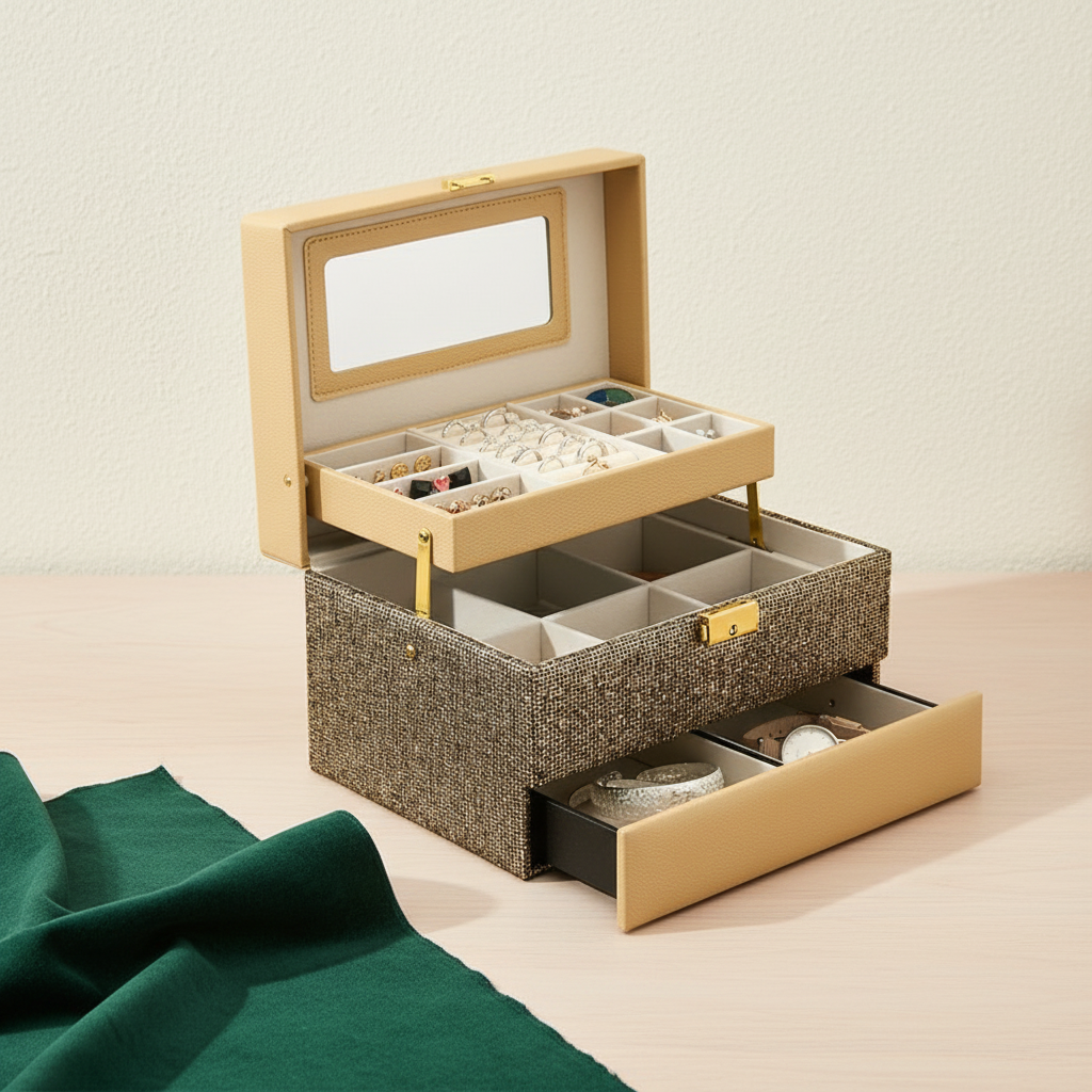 Boîte à bijoux ouverte, miroir sous le couvercle et casiers