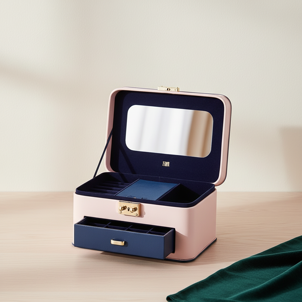 Boîte à bijoux ouverte, grand miroir et doublure bleu nuit