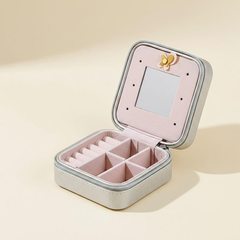 Boîte à bijoux carrée à miroir, format voyage, coloris argentée