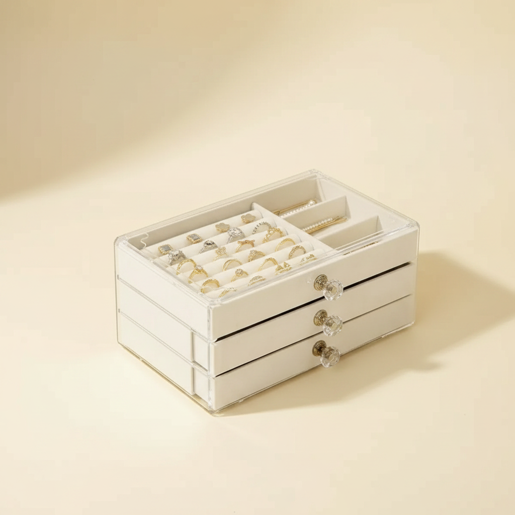Boîte rangement bijoux empilable à trois niveaux, coloris blanche