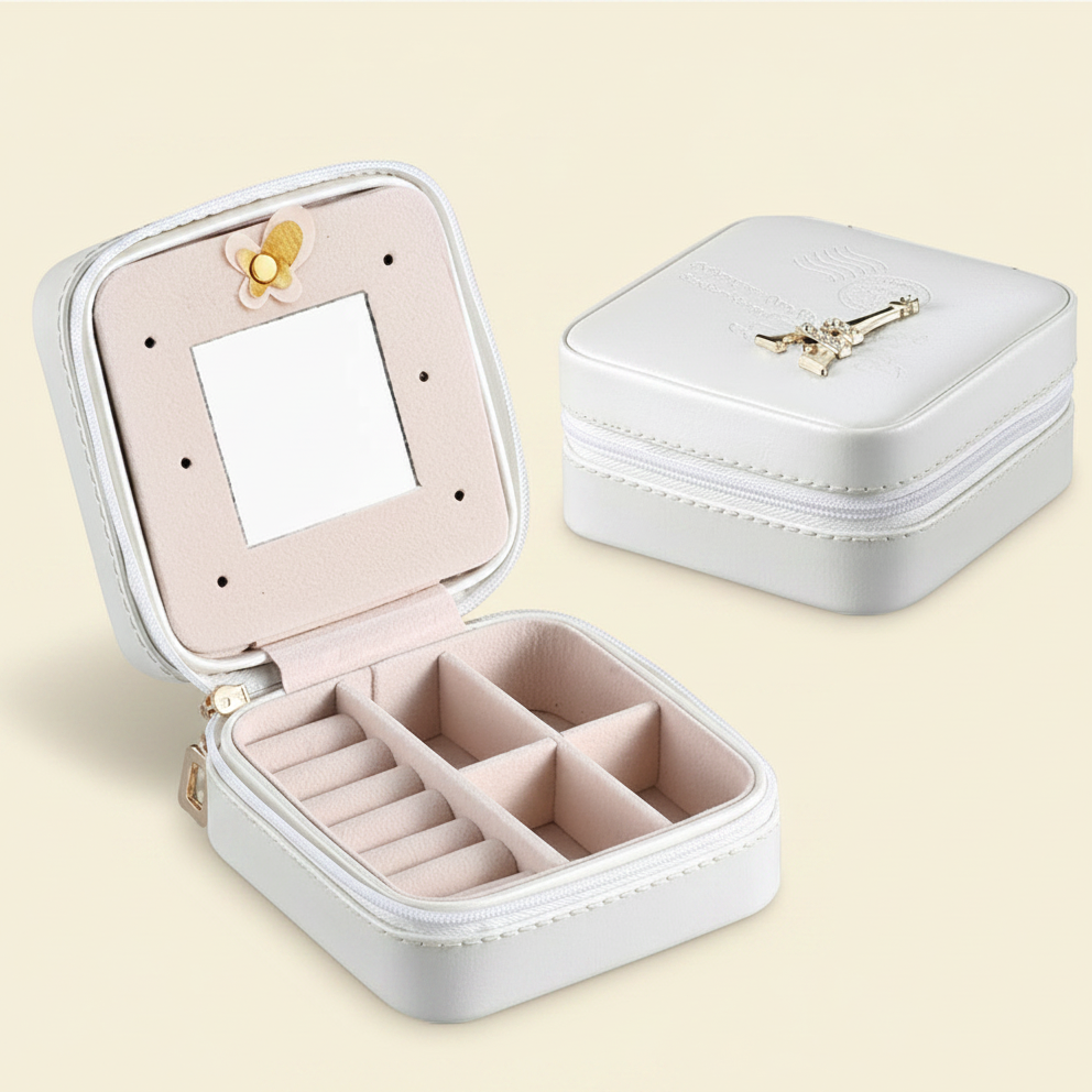 Boîte à bijoux carrée à miroir, format voyage, coloris blanche