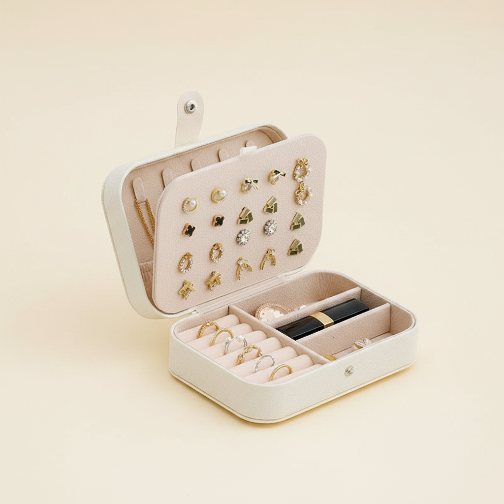 Boîte à bijoux de voyage en cuir à deux niveaux, coloris blanche