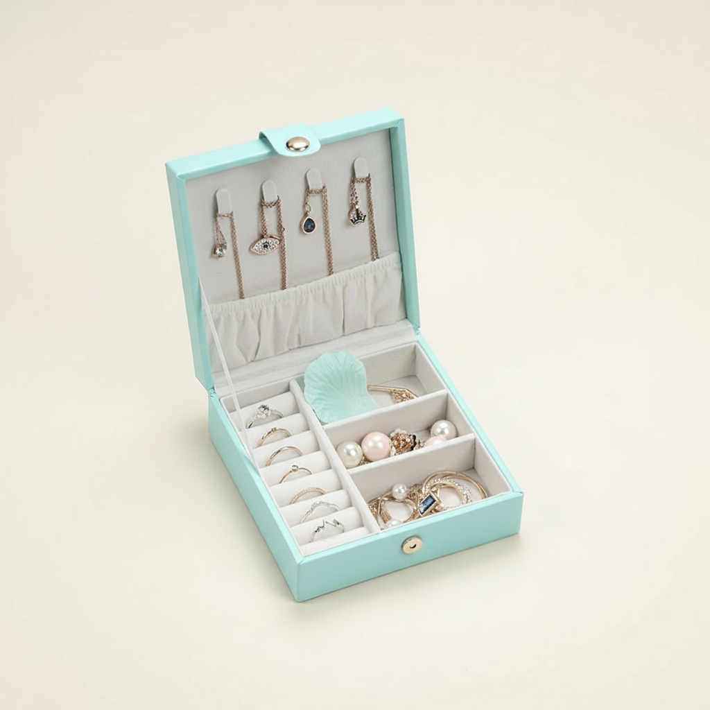 Boîte à bijoux carrée en cuir, coloris bleue