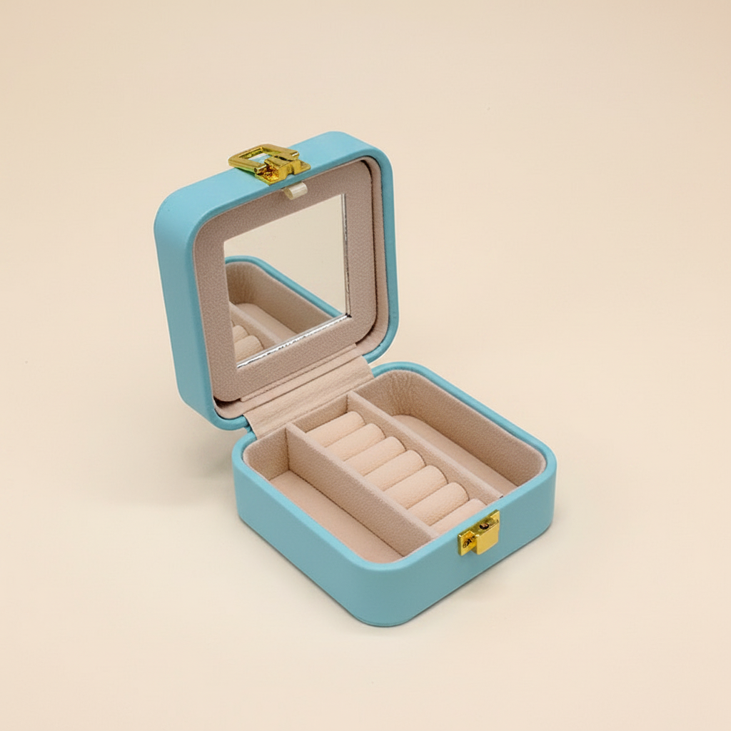 Boîte à bijoux compacte pour bagues et boucles, coloris bleue