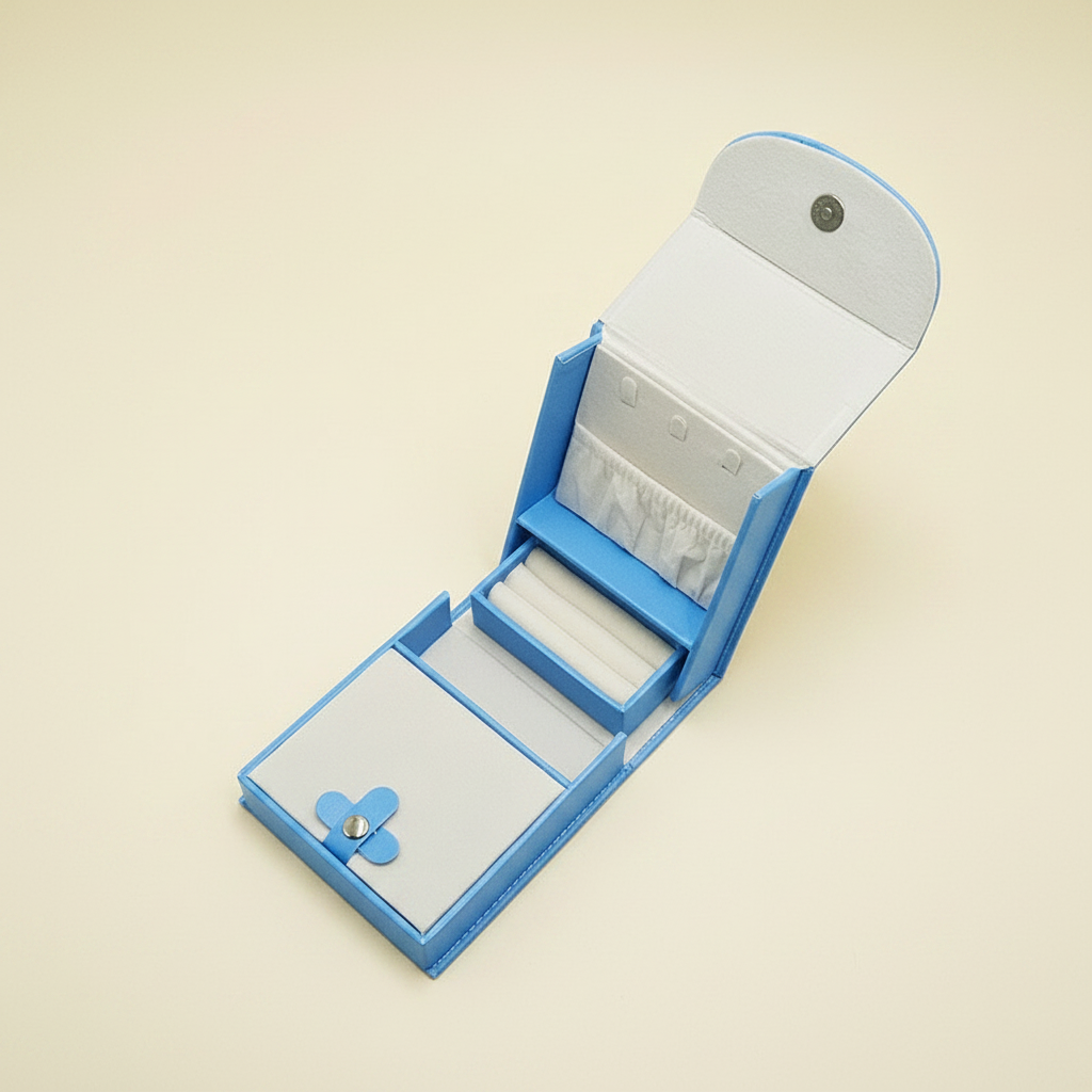 Boîte à bijoux de voyage pliable en cuir, coloris bleue