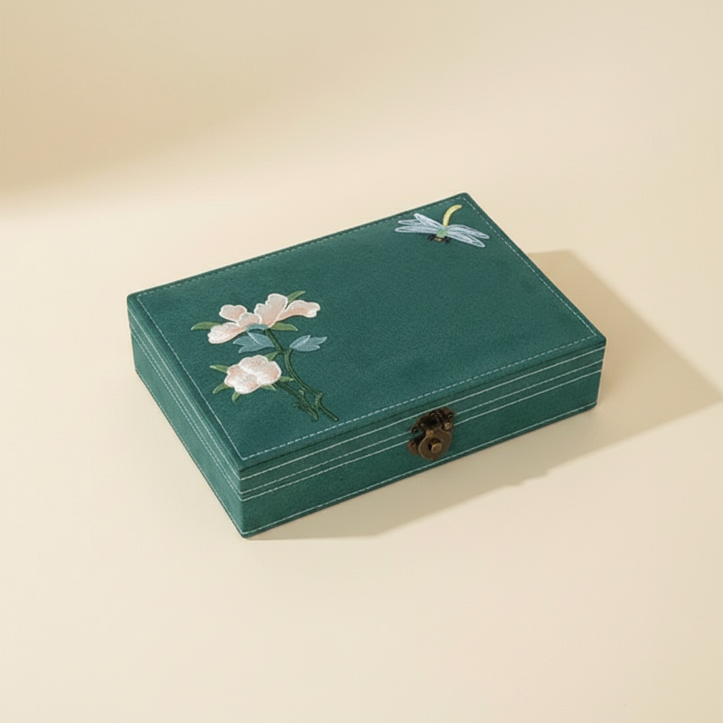 Boîte à bijoux en flanelle brodée à motif fleuri, coloris bleue
