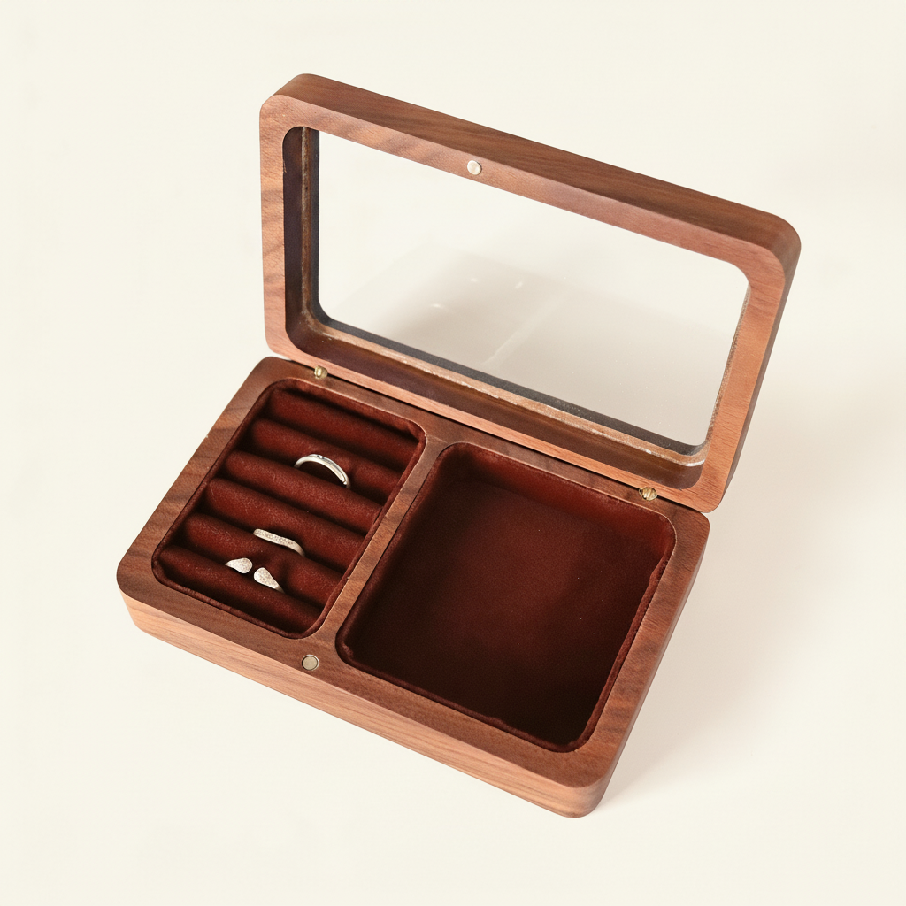 Boîte à bijoux en bois à couvercle vitré, coloris brune