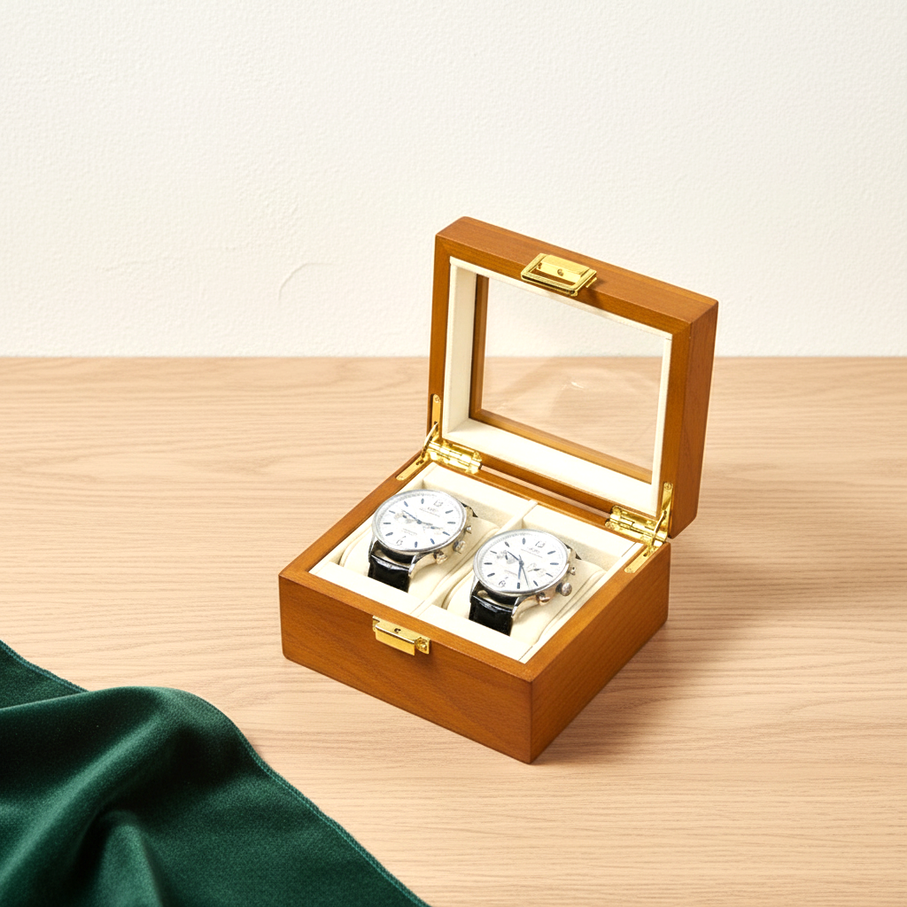 Boîte à montre en bois massif, 1 ou 2 emplacements, version deux montres / beige