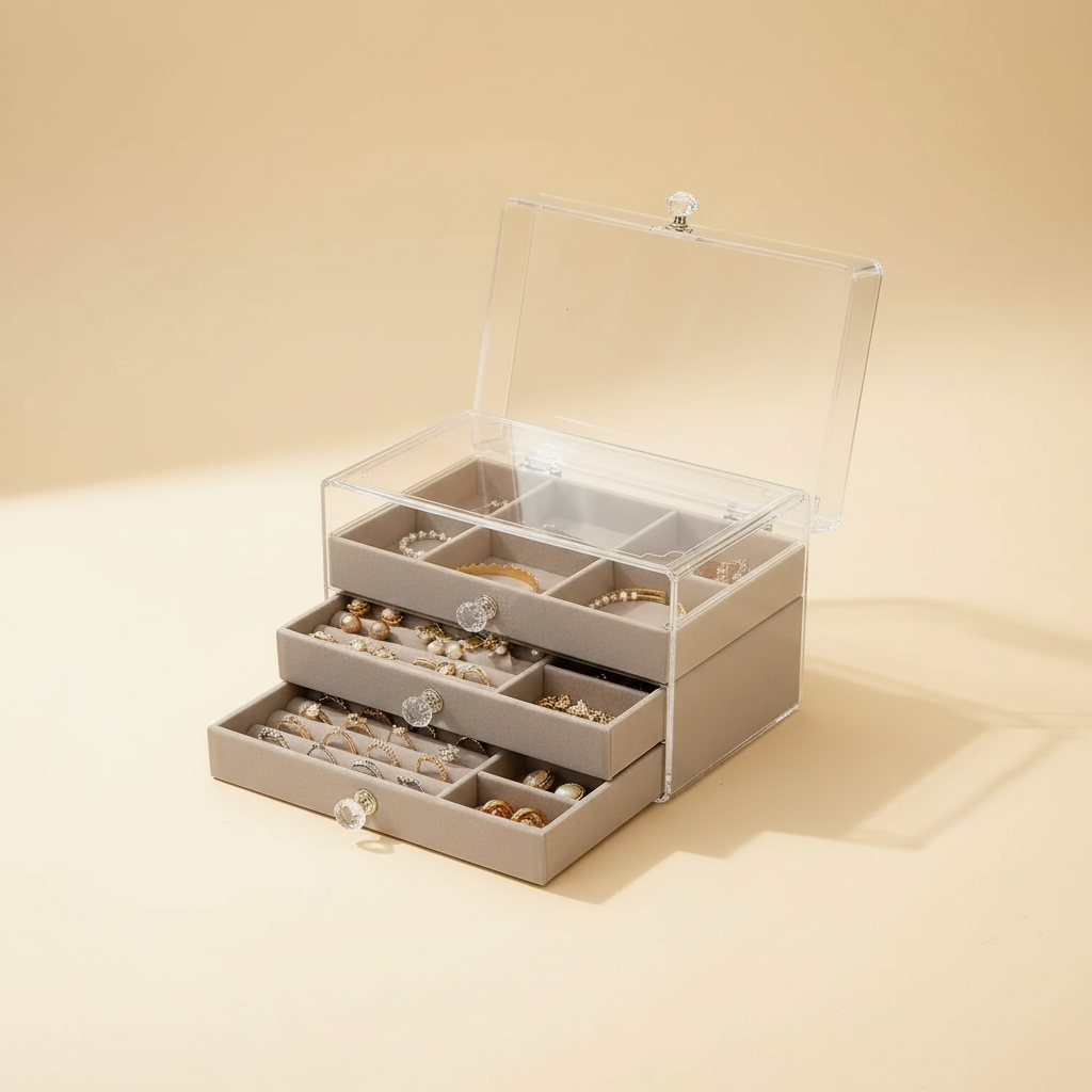 Boîte rangement bijoux empilable à trois niveaux, coloris grise