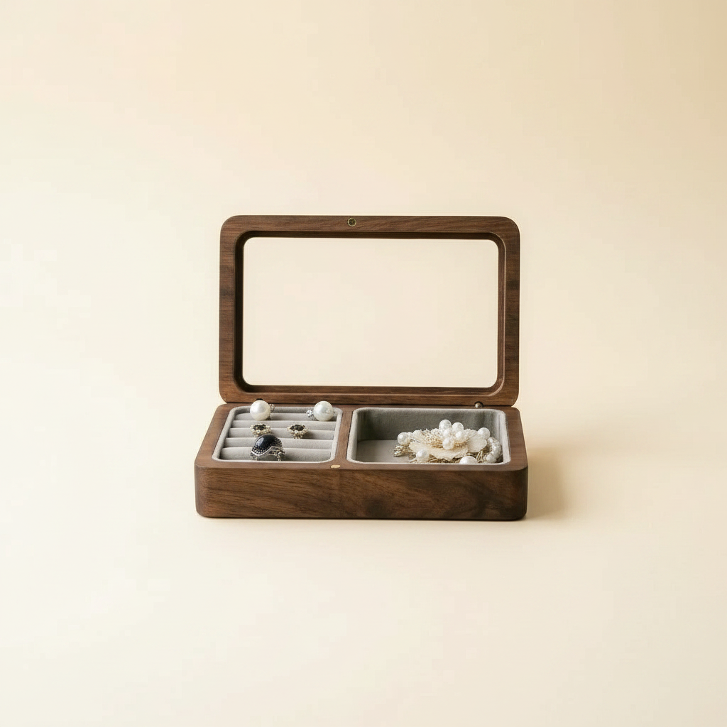 Boîte à bijoux en bois à couvercle vitré, coloris grise