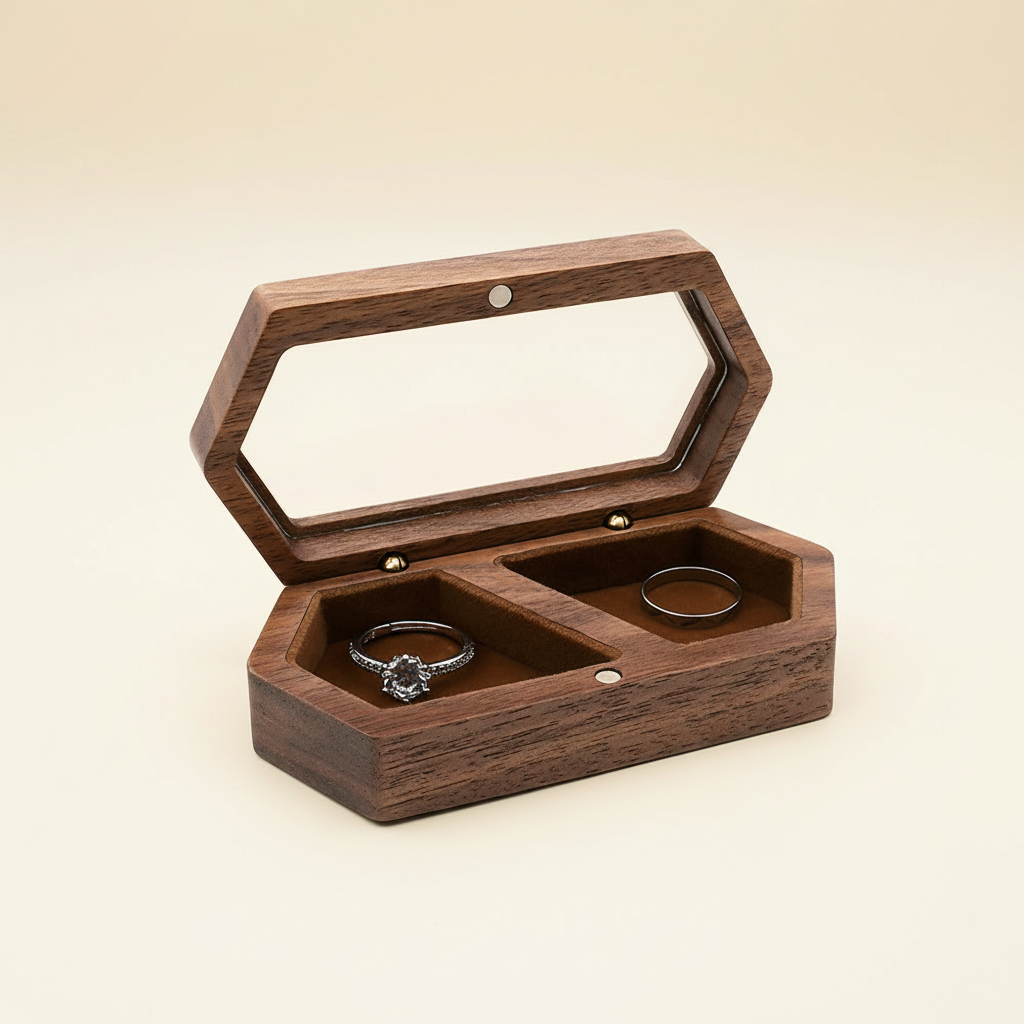 Écrin à bague en bois hexagonal à couvercle vitré, coloris marron