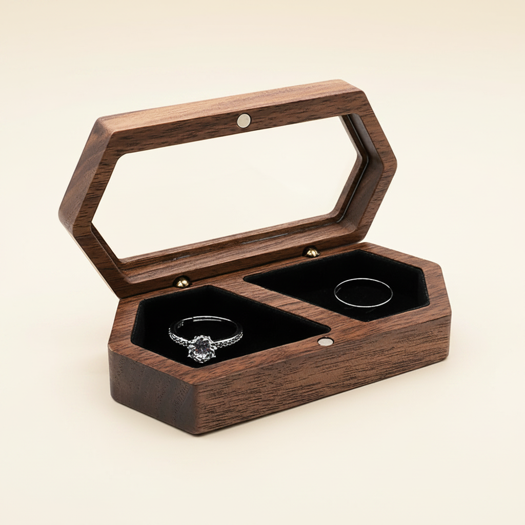 Écrin à bague en bois hexagonal à couvercle vitré, coloris noir