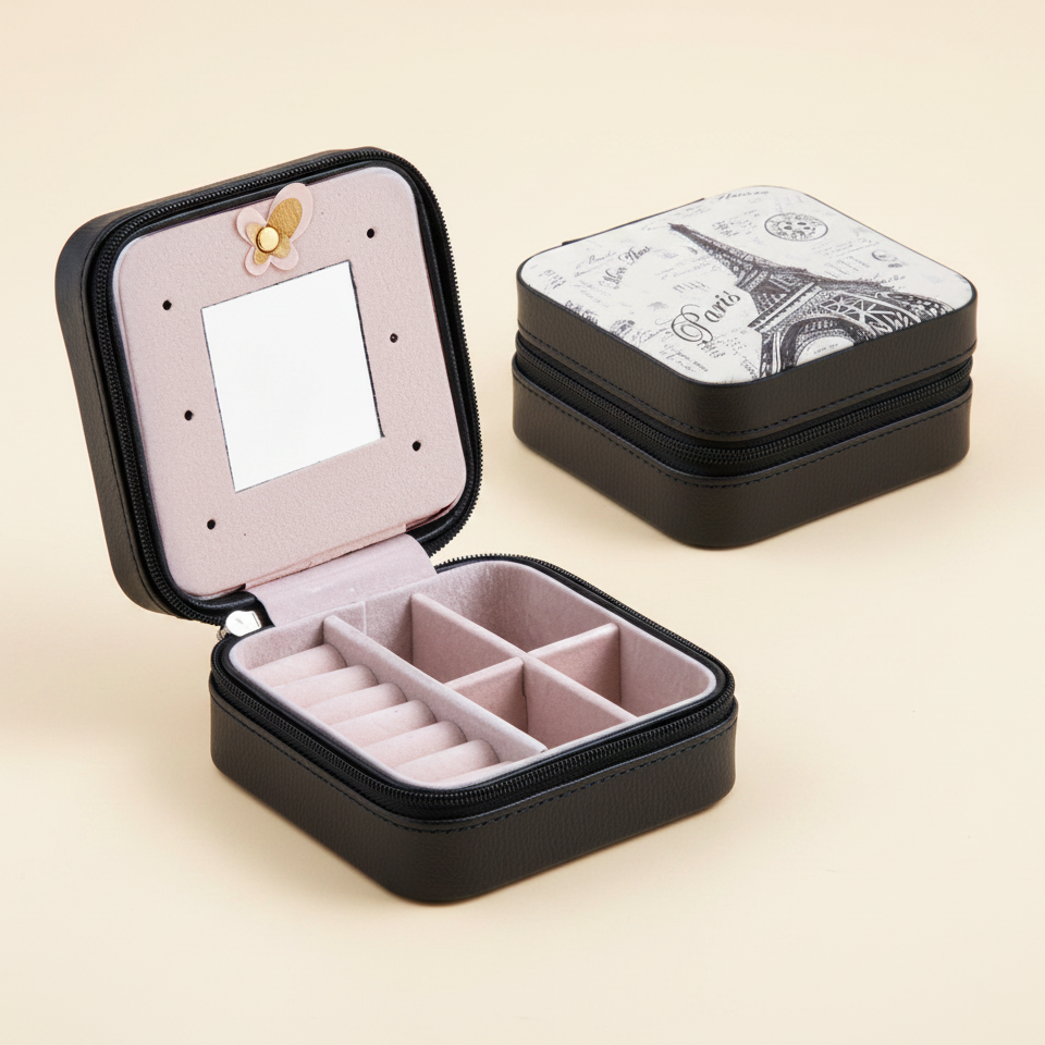 Boîte à bijoux carrée à miroir, format voyage, coloris noire