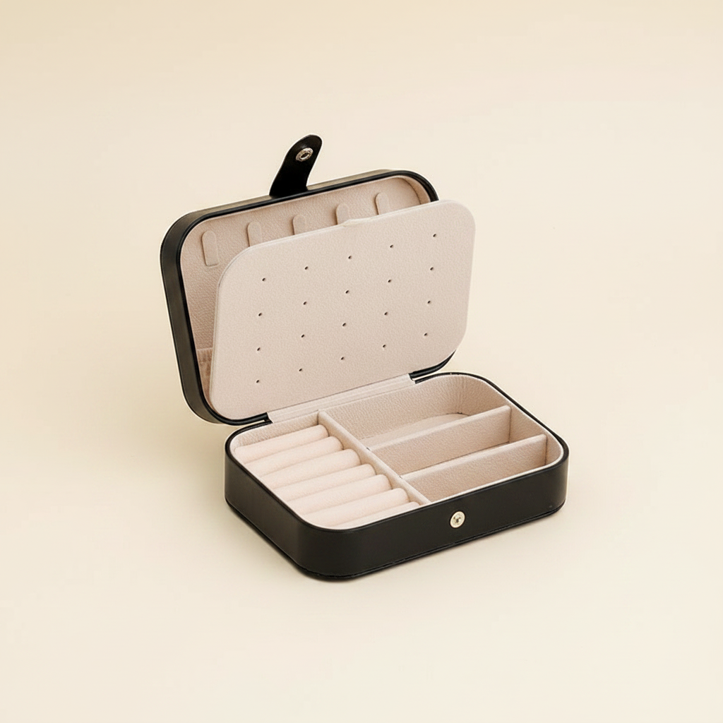 Boîte à bijoux de voyage en cuir à deux niveaux, coloris noire