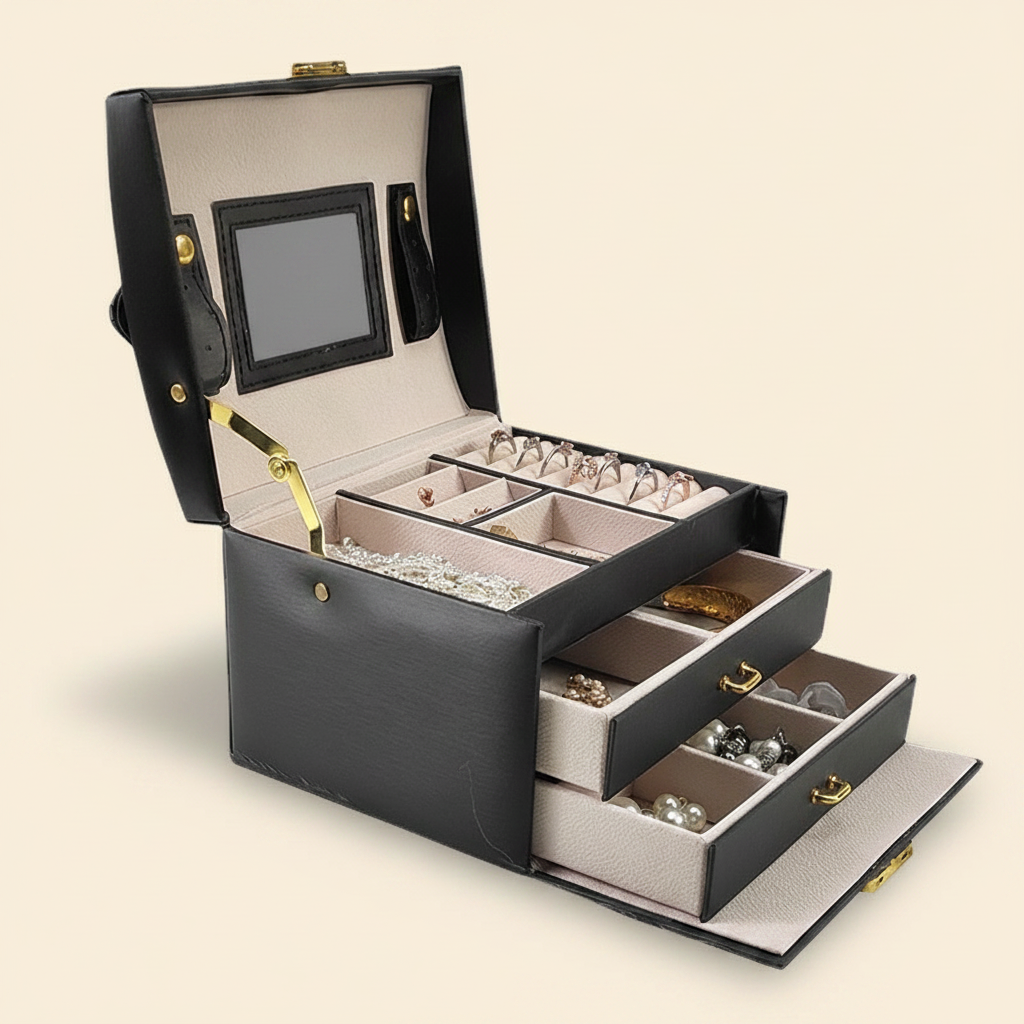 Boîte à bijoux fille à trois étages avec miroir, coloris noire
