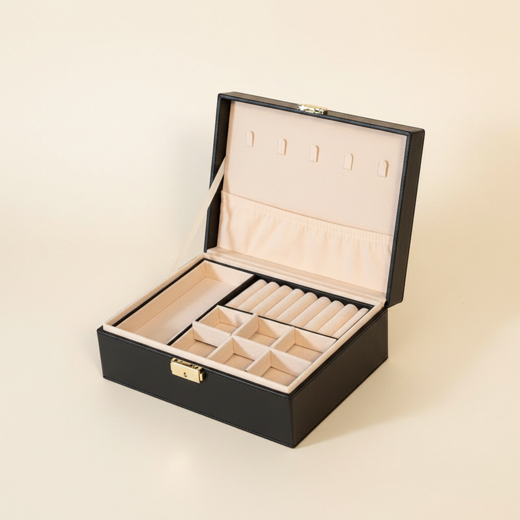 Boîte à bijoux à deux niveaux avec tiroir, coloris noire