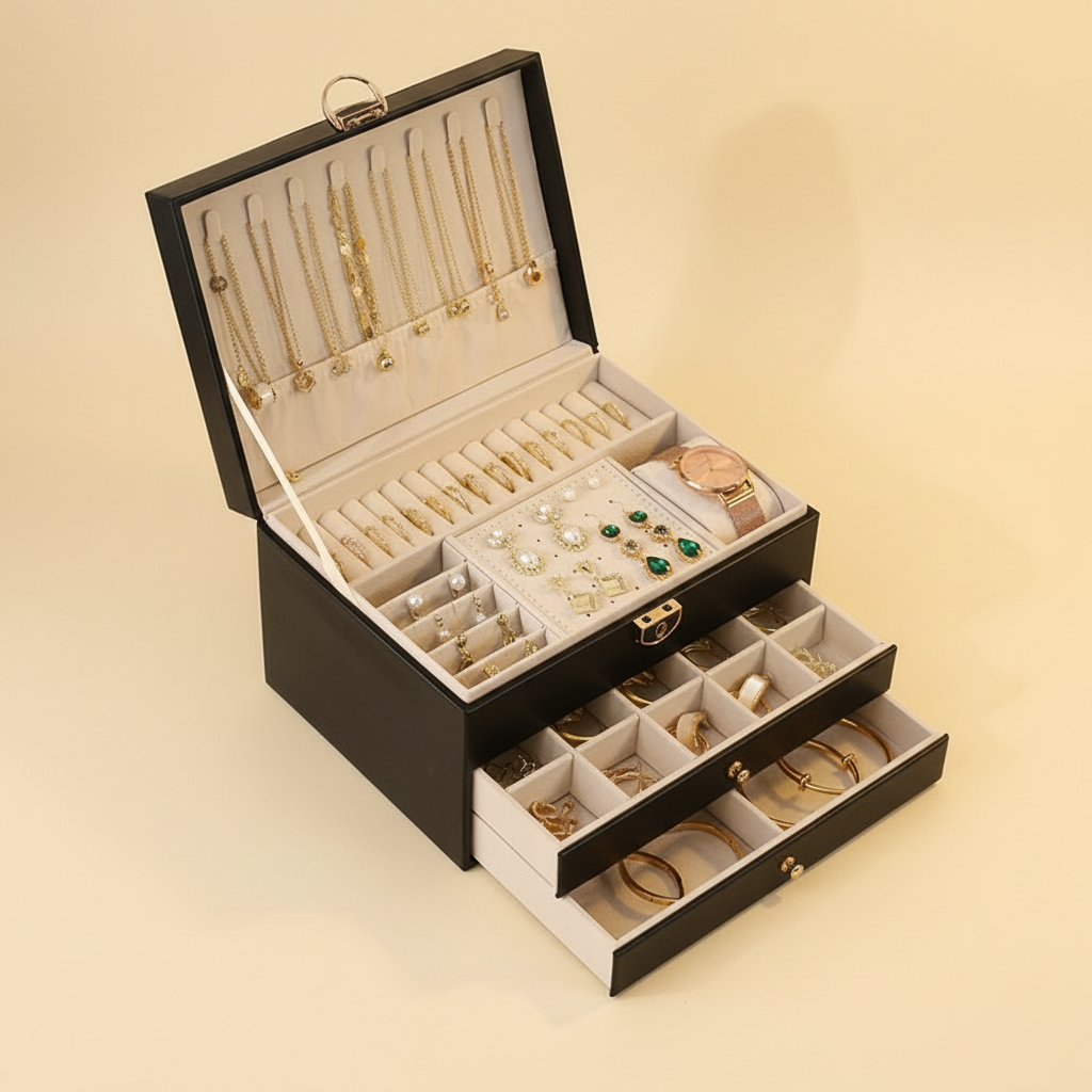 Boîte à bijoux femme à trois niveaux avec clé, coloris noire