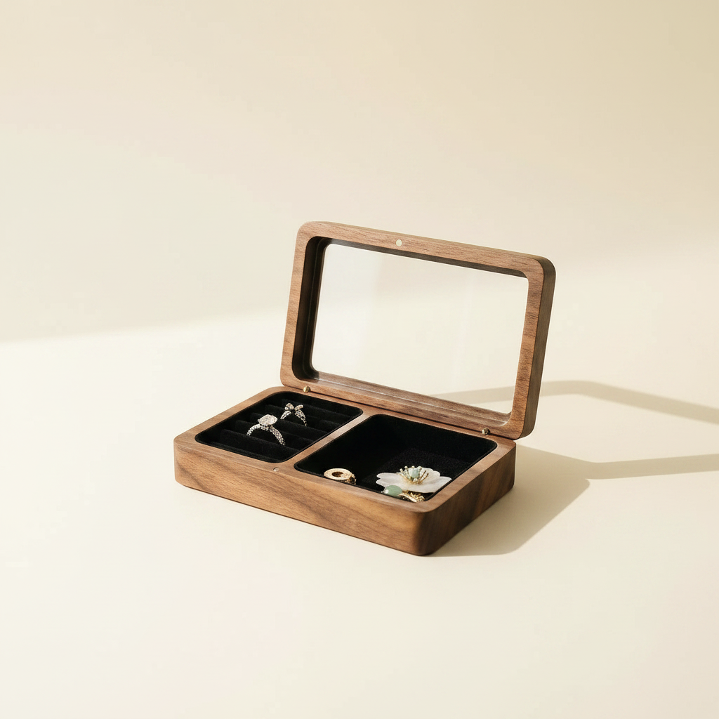 Boîte à bijoux en bois à couvercle vitré, coloris noire