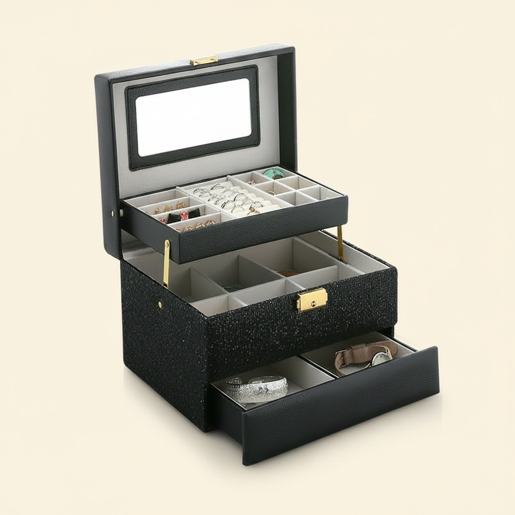 Boîte à bijoux à miroir et tiroir, extérieur pailleté, coloris noire