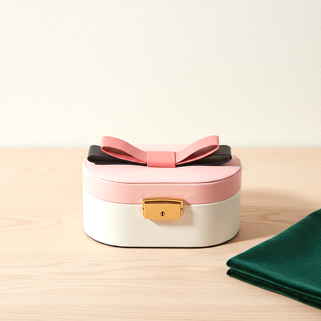 Coffret à bijoux en cuir à nœud, avec miroir, coloris rose blanche