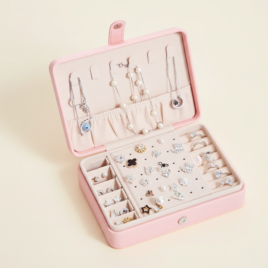 Boîte à bijoux à miroir, bagues et boucles, coloris rose