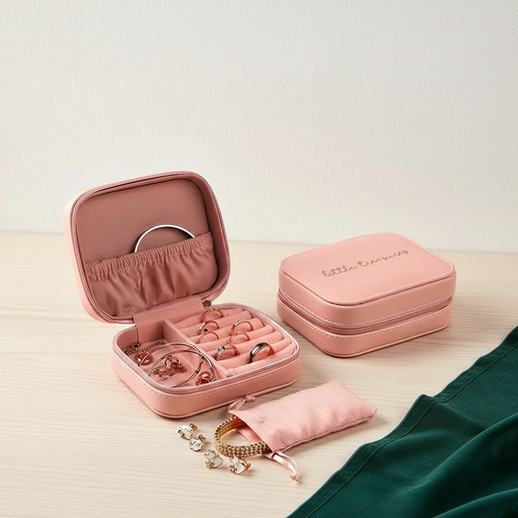 Coffret à bijoux en cuir zippé avec miroir, coloris rose